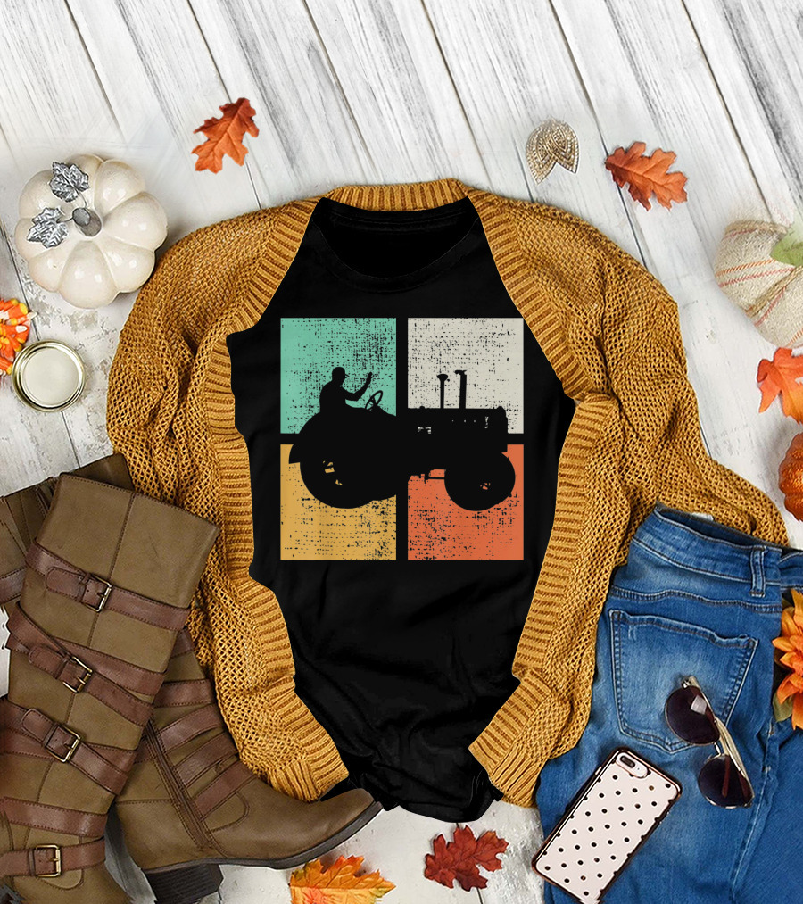 Tractor Retro Vintage Farmer Color Block T-Shirt
