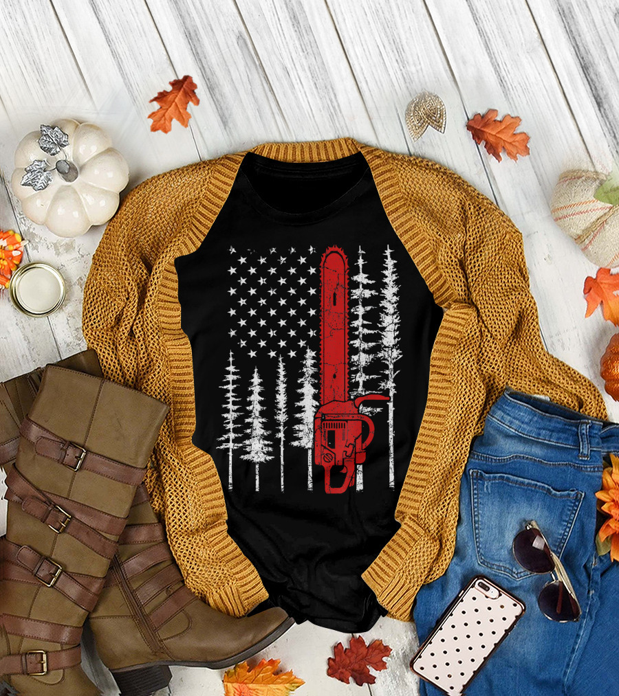 Thin Red Line Chainsaw American Flag Fireman Forest T-Shirt