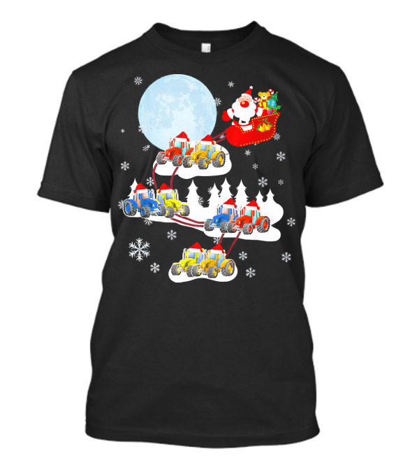 Tractor Santa Sleigh Moon Snowflake Christmas Scene T-Shirt