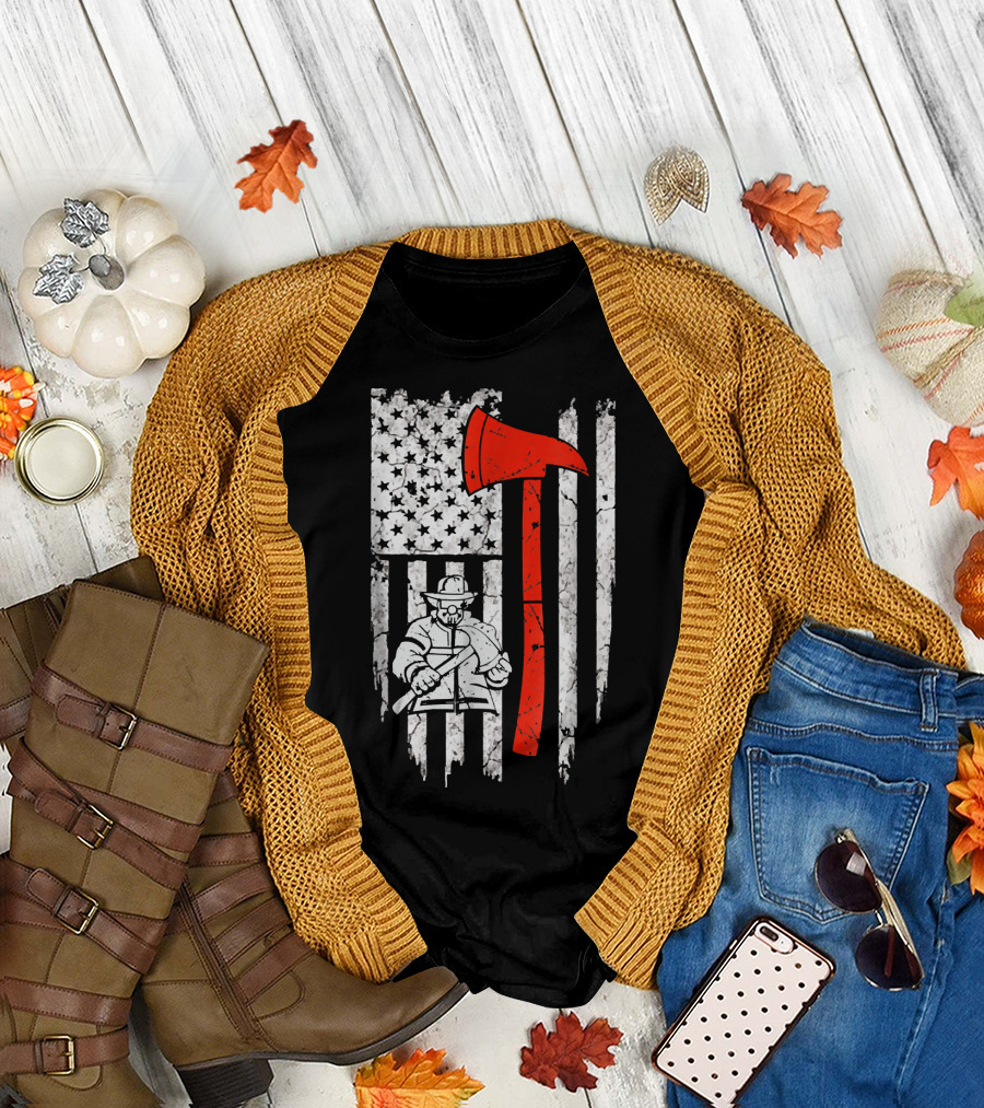 Firefighter Thin Red Line USA Flag with Axe and Fireman T-Shirt
