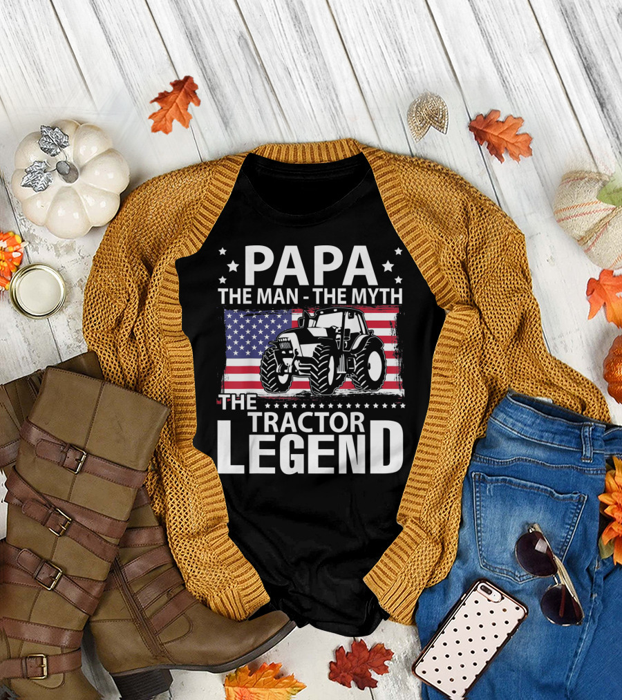 Papa The Man The Myth The Tractor Legend US Flag T-Shirt