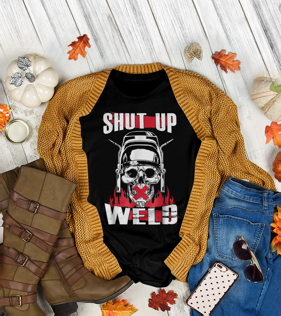 Shut Up and Weld Skull With Helmet and Flames T-Shirt