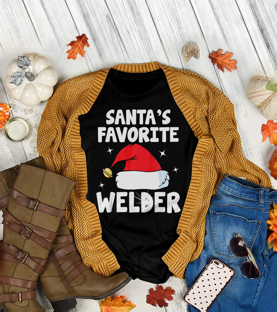 Santa's Favorite Welder with Funny Red Hat and Stars T-Shirt