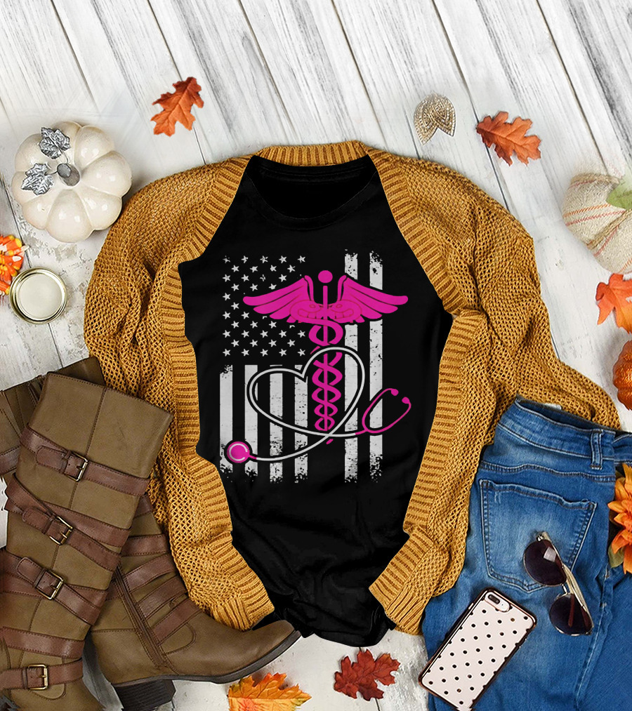 American Flag Heart Stethoscope Pink Caduceus Nursing Pride T-Shirt