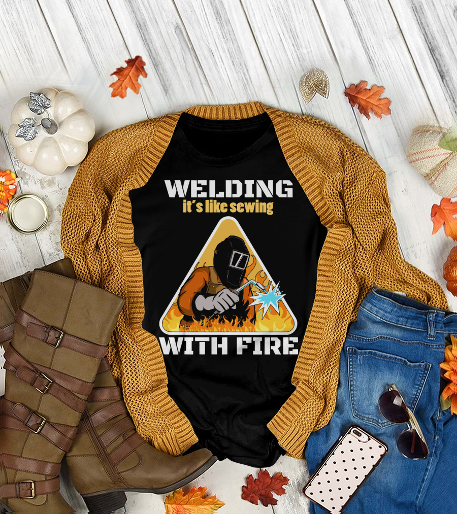 Welding It's Like Sewing With Fire Welding Mask Flames Triangle T-Shirt