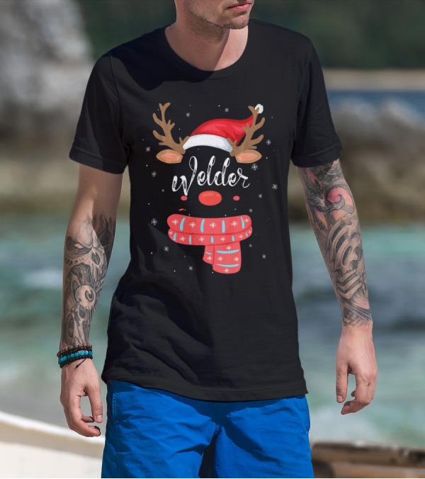 Welder Squad Reindeer Matching Group Christmas Antlers Santa Hat Snowflakes Scarf T-Shirt