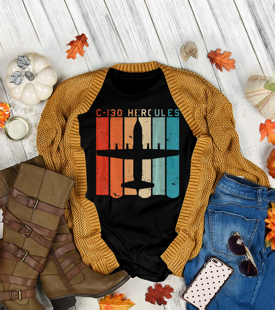 C-130 Hercules Airplane Retro Silhouette Vintage Stripes T-Shirt