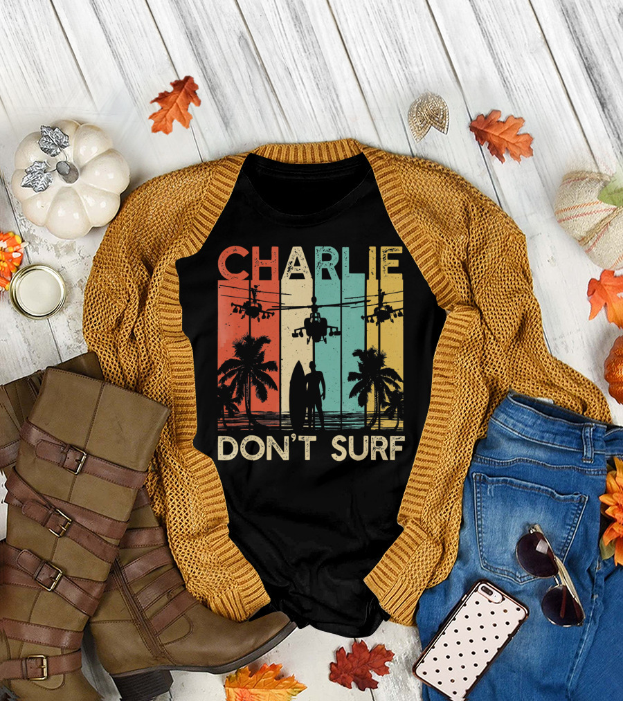 Charlie Don't Surf Vietnam Military Helicopter Palm Retro T-Shirt