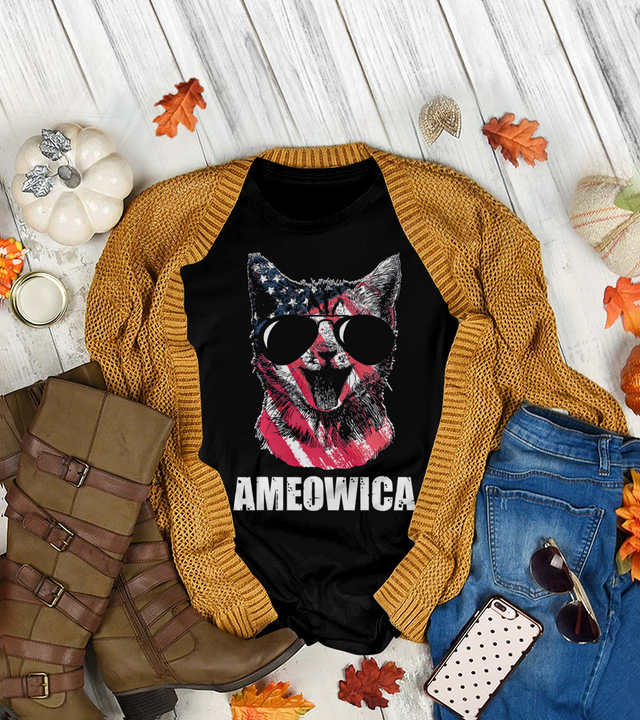 Ameowica Cat with Sunglasses USA American Flag T-Shirt