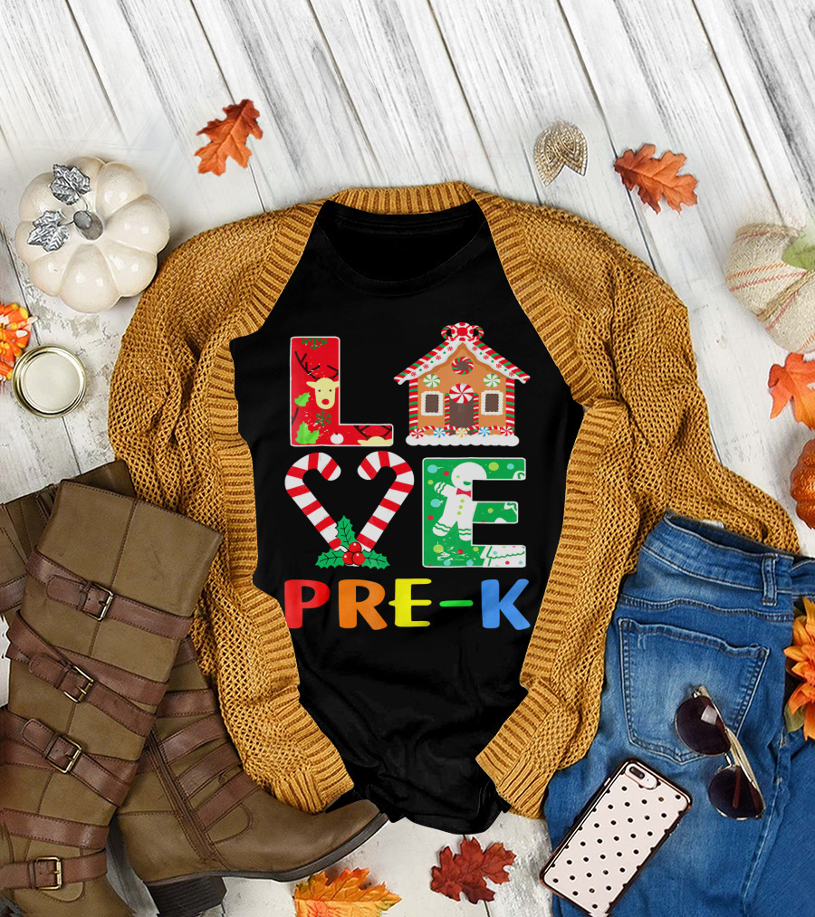 Love Pre K Candy Cane Heart Gingerbread Christmas T-Shirt
