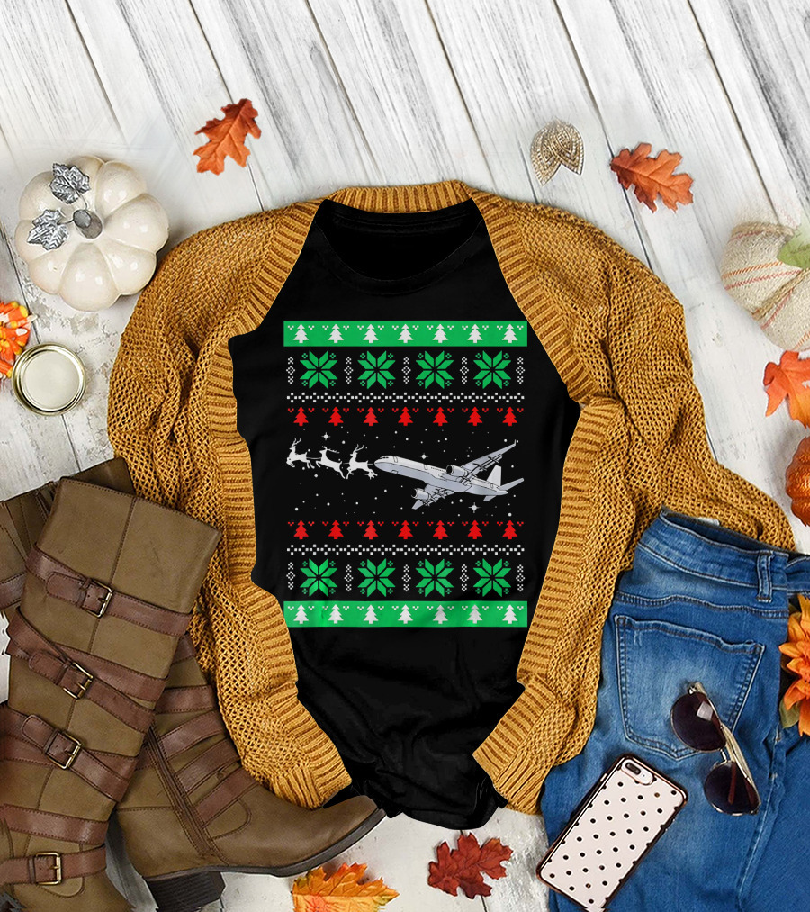 Airplane Reindeer Ugly Christmas T-Shirt