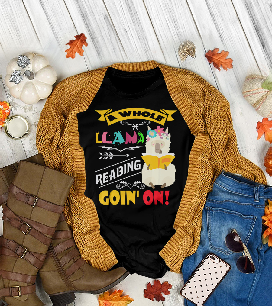 A Whole Llama Reading Goin' On Book-Loving Llama with Floral Crown T-Shirt