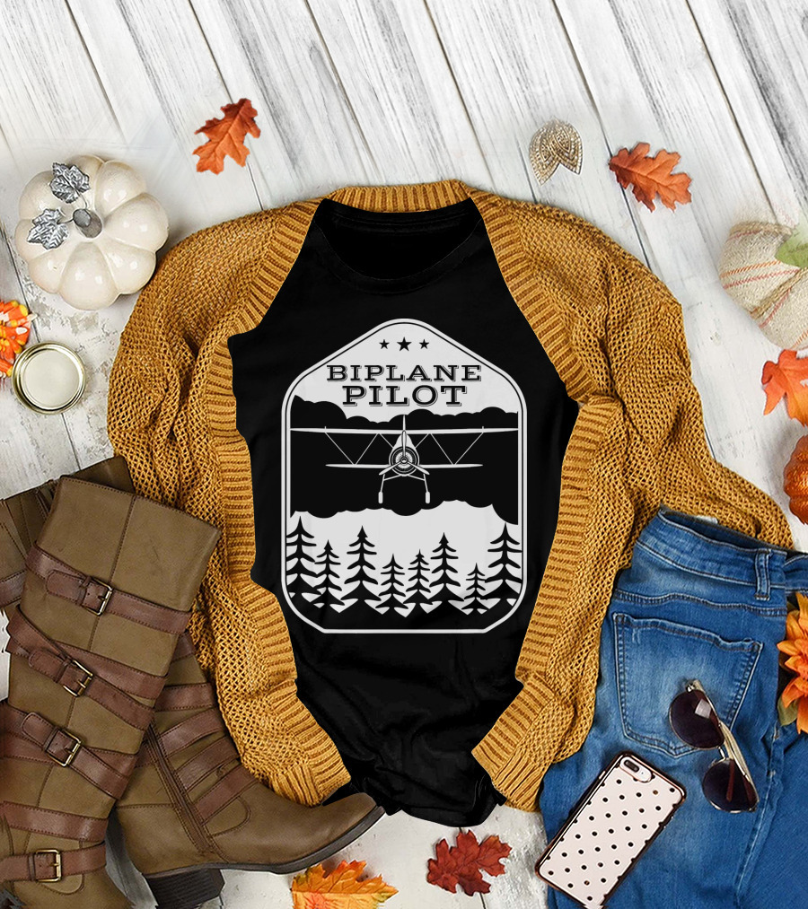 Biplane Pilot Aviation Flying Over Forest T-Shirt