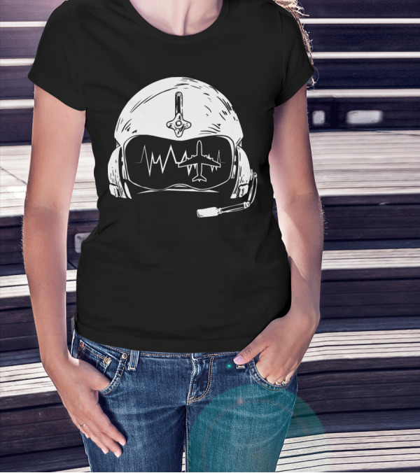 Airplane Pilot Helmet With Heartbeat And Jet Outline T-Shirt