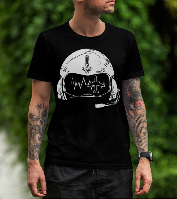 Airplane Pilot Helmet With Heartbeat And Jet Outline T-Shirt