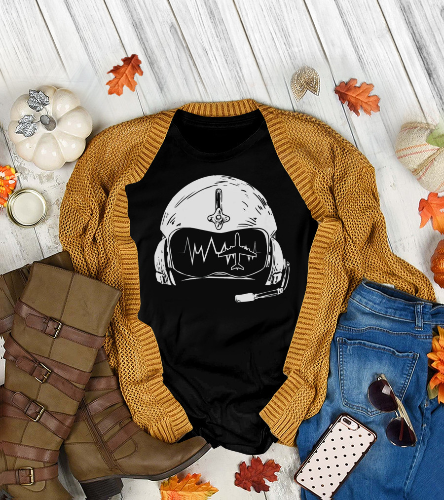 Airplane Pilot Helmet with Heartbeat and Jet Outline T-Shirt