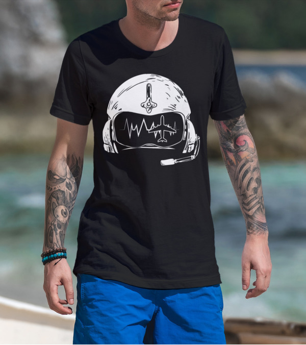Airplane Pilot Helmet With Heartbeat And Jet Outline T-Shirt
