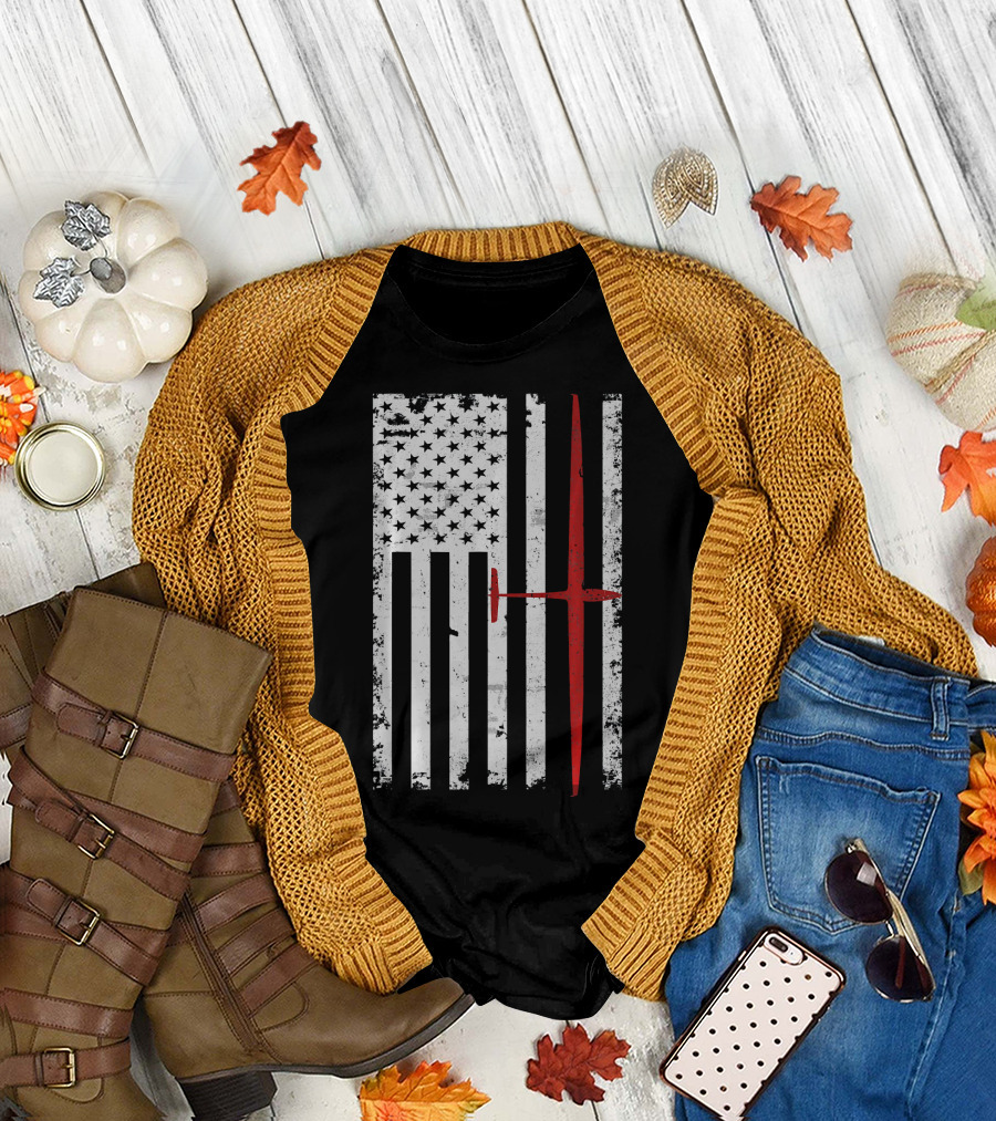 Distressed American Flag with Red Glider Sailplane Pilot T-Shirt