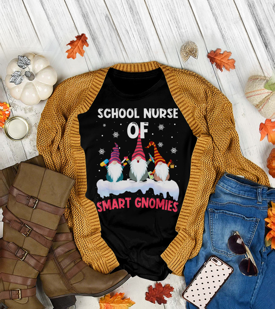 School Nurse of Smart Gnomies with Christmas Snowflakes and Cute Winter Gnomes T-Shirt