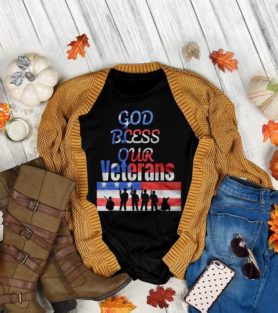 God Bless Our Veterans American Flag Silhouettes Memorial Day T-Shirt