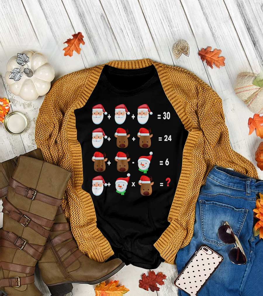 Funny Math Teacher Merry Christmas Santa Reindeer Snowman Puzzle Equation T-Shirt