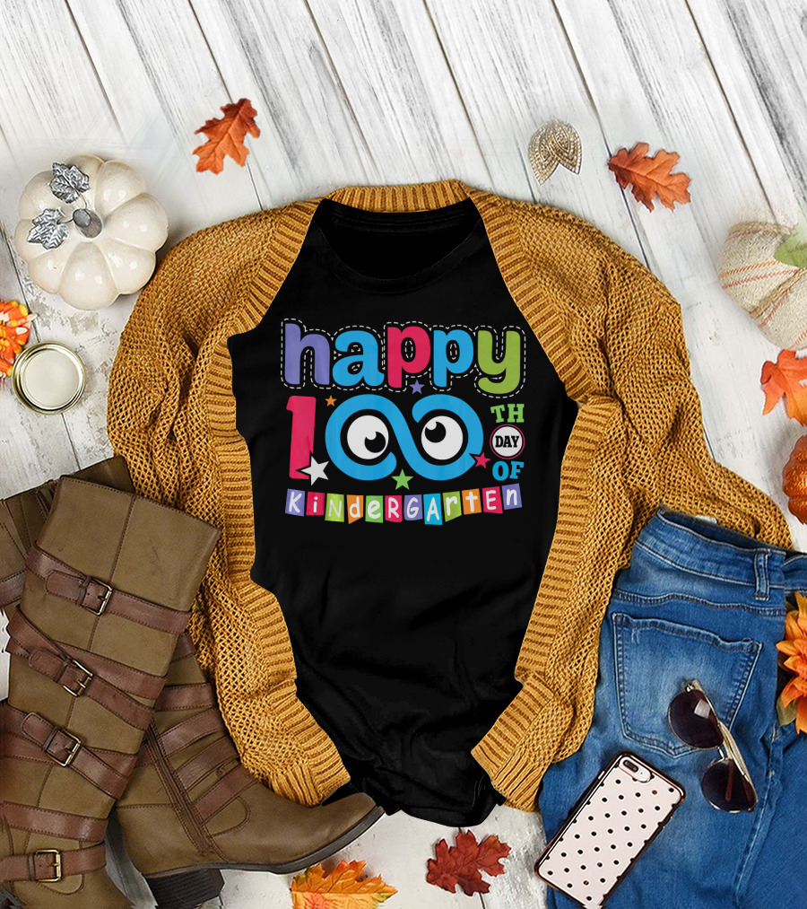 Happy 100th Day of Kindergarten with Playful Colorful Letters and Fun Eyes T-Shirt