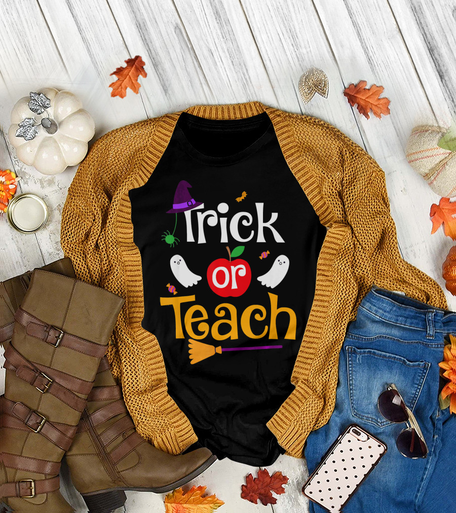 Trick Or Teach Witch Hat Ghosts Apple Broom Halloween T-Shirt