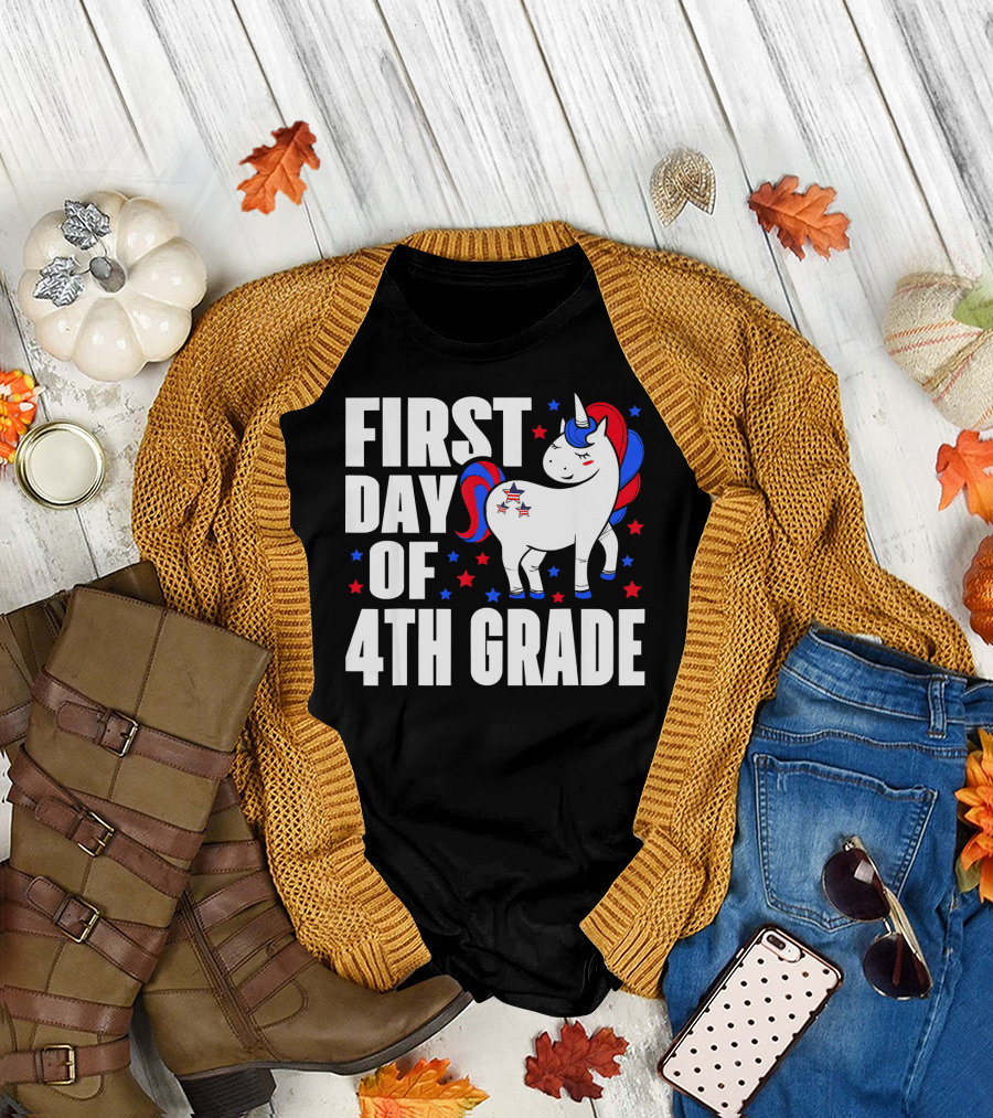 First Day Of 4th Grade Unicorn Funny Stars Red Blue T-Shirt