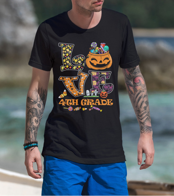 LOVE 4th Grade Halloween Pumpkin Candy Teacher T-Shirt