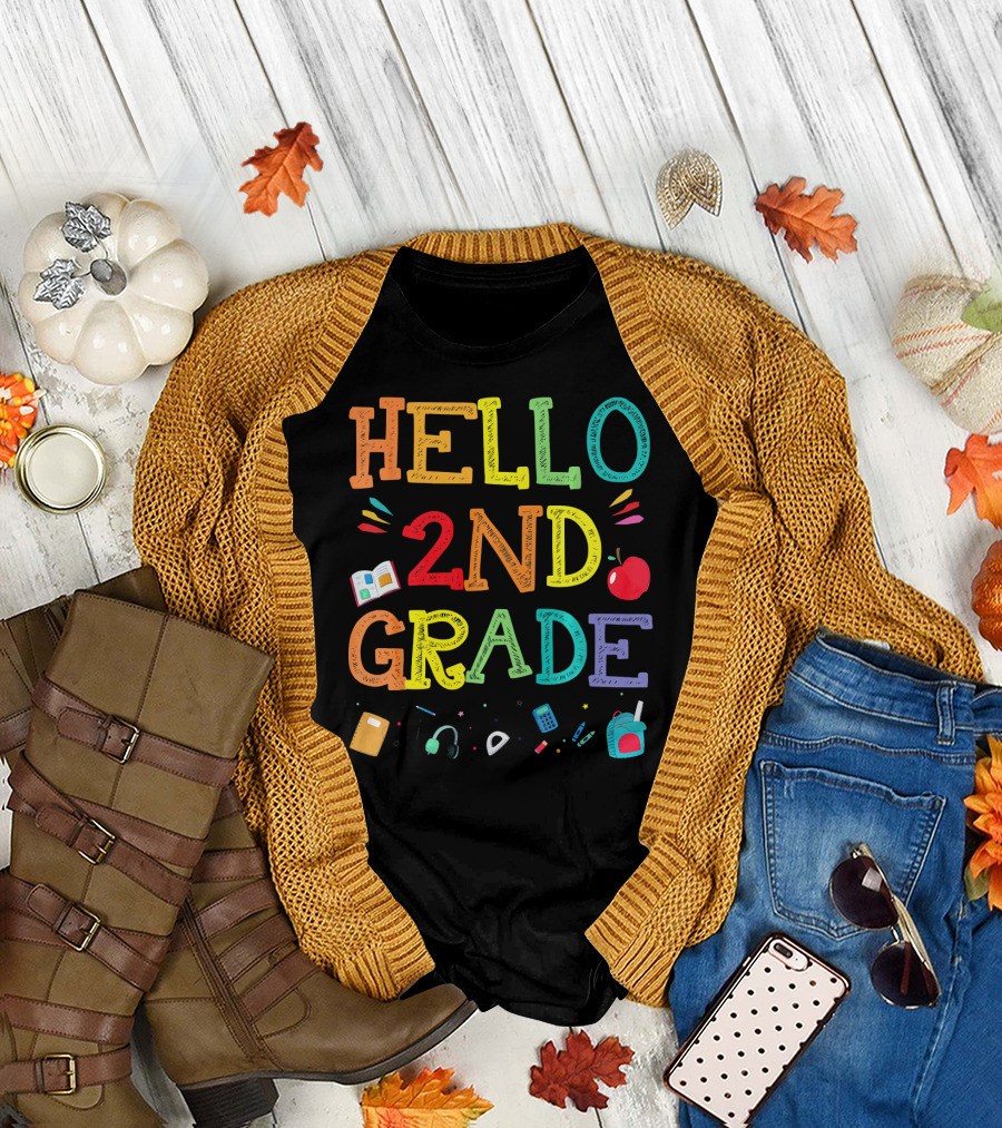 Hello 2nd Grade Cute Teacher Kids Back to School Colorful Apple Books Supplies T-Shirt