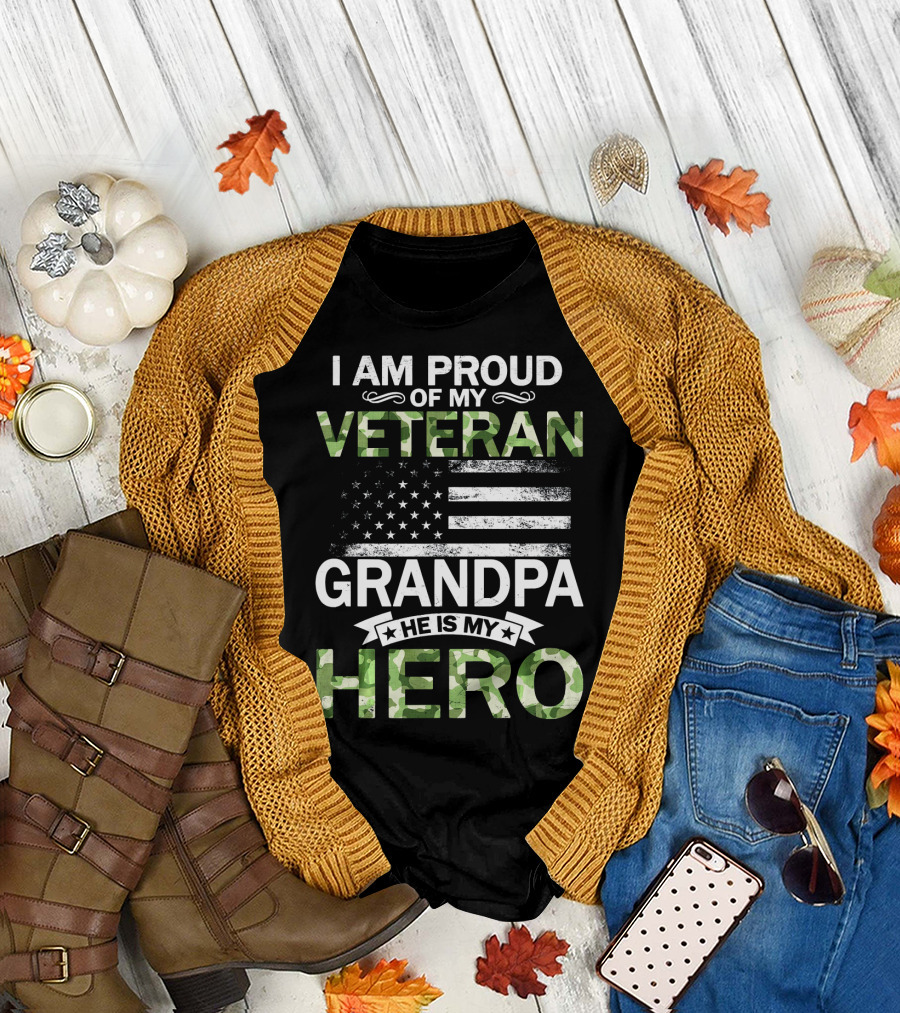 I Am Proud Of My Veteran Grandpa He Is My Hero American Flag Camouflage T-Shirt