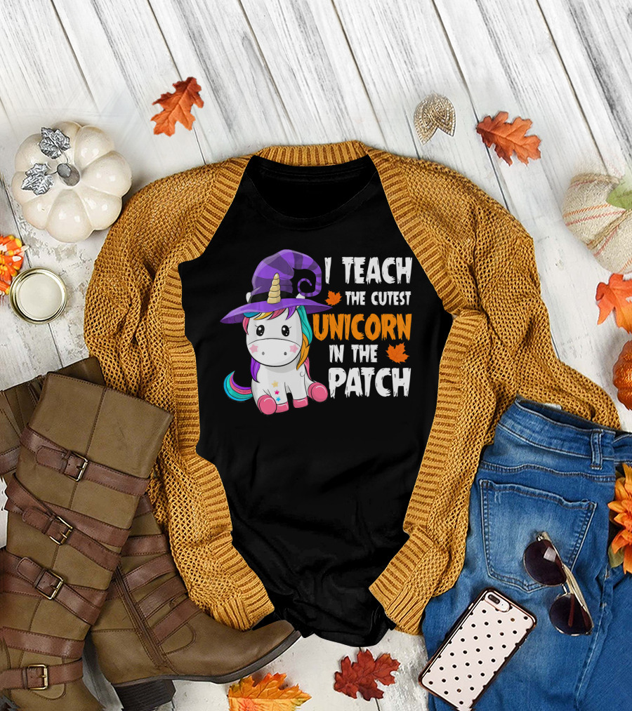 I Teach the Cutest Unicorn in the Patch with Purple Witch Hat and Maple Leaves T-Shirt