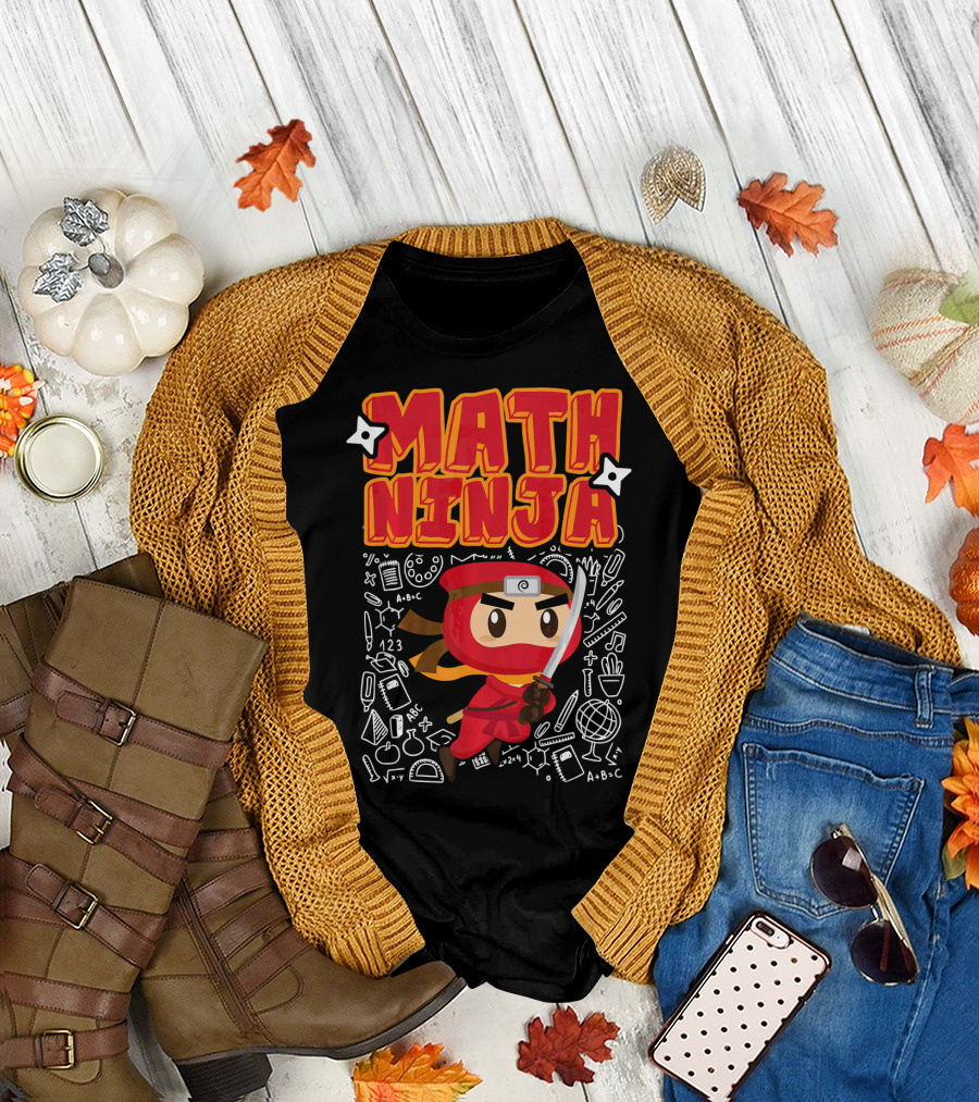 Math Ninja Funny Math Lover Math with Cartoon Ninja Character and Math Symbols T-Shirt