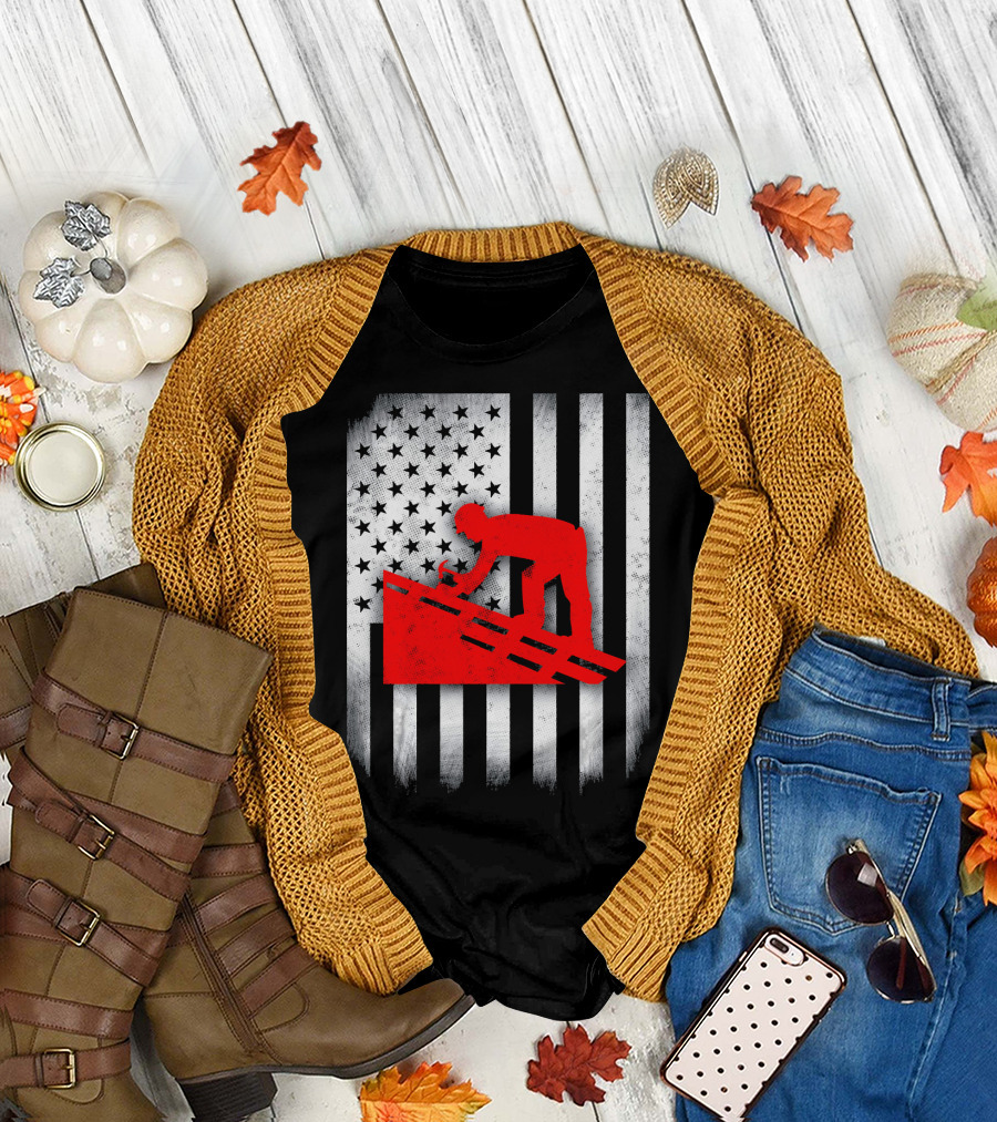 Roofer American Flag Silhouette with Rooftop Worker T-Shirt