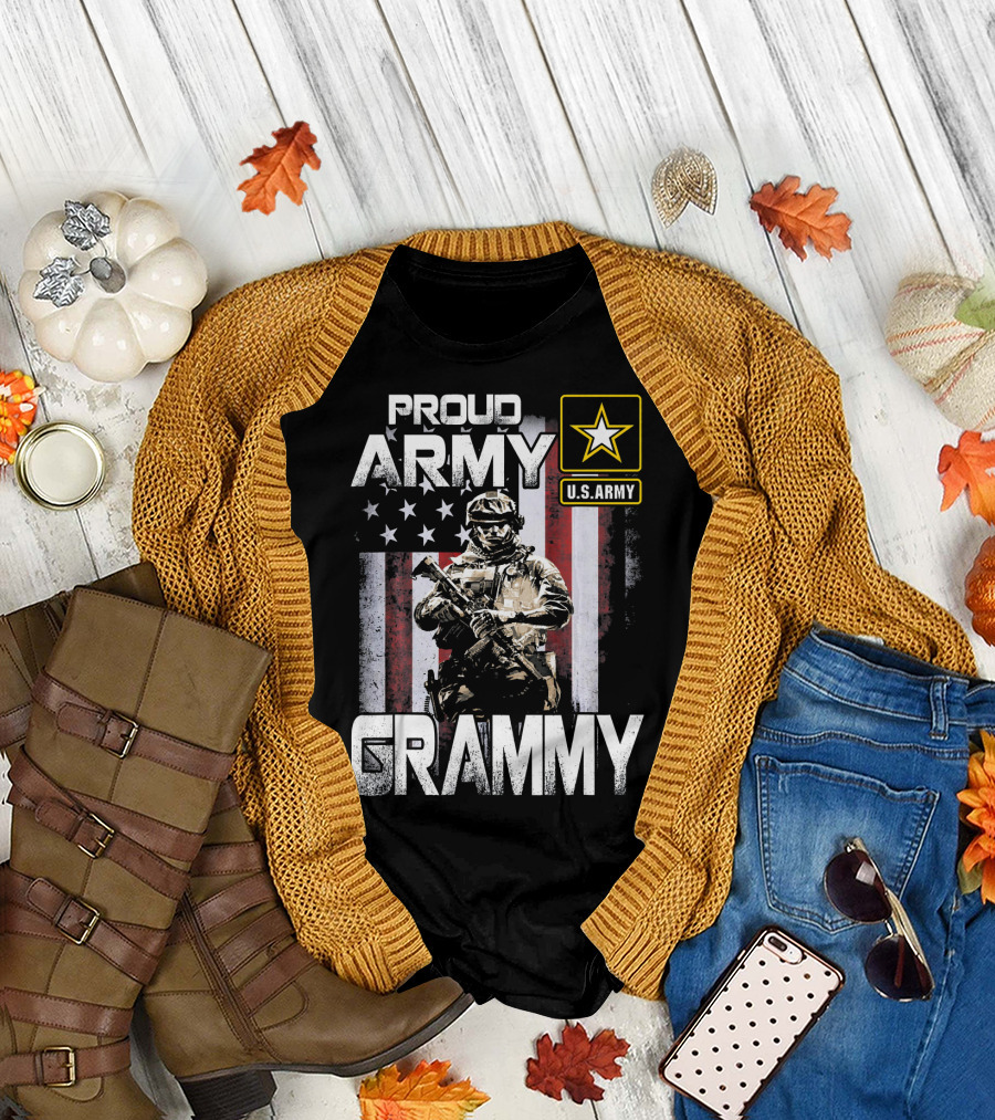 Proud Army Grammy U.S. Army Military Soldier with American Flag Background T-Shirt