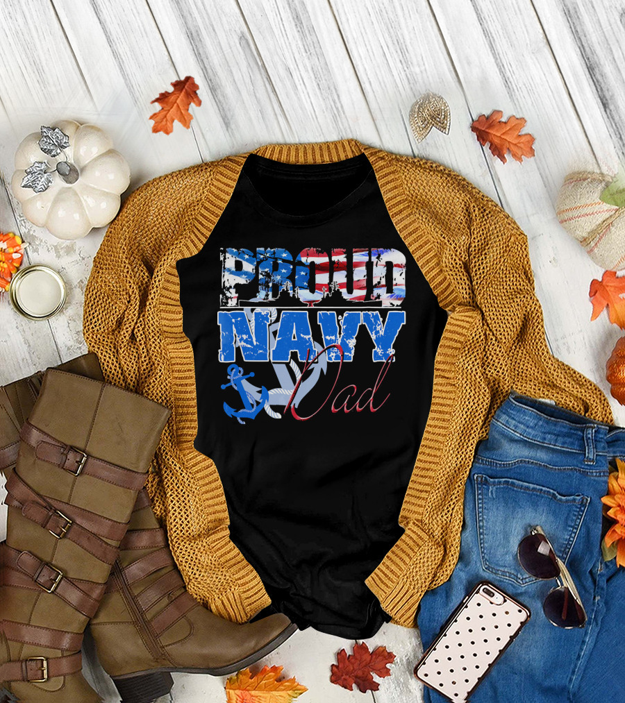 Proud Navy Dad American Flag Anchor T-Shirt