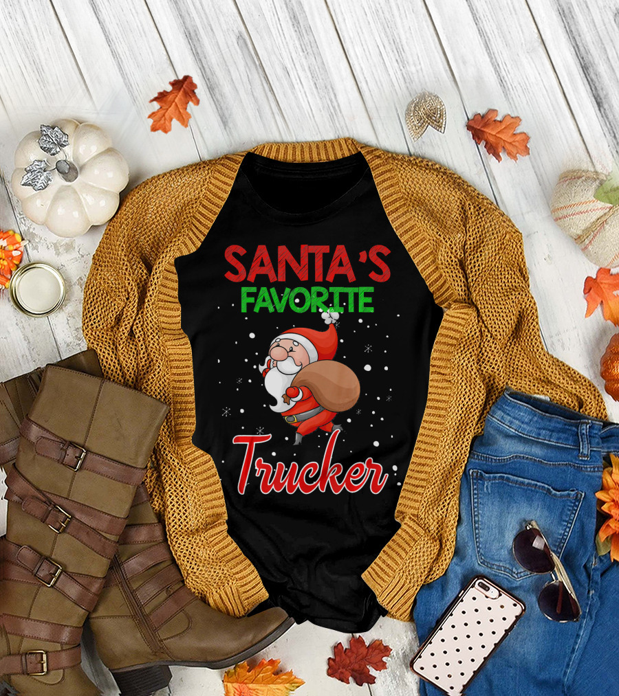 Santa's Favorite Trucker with Festive Santa Claus and Snowflakes T-Shirt