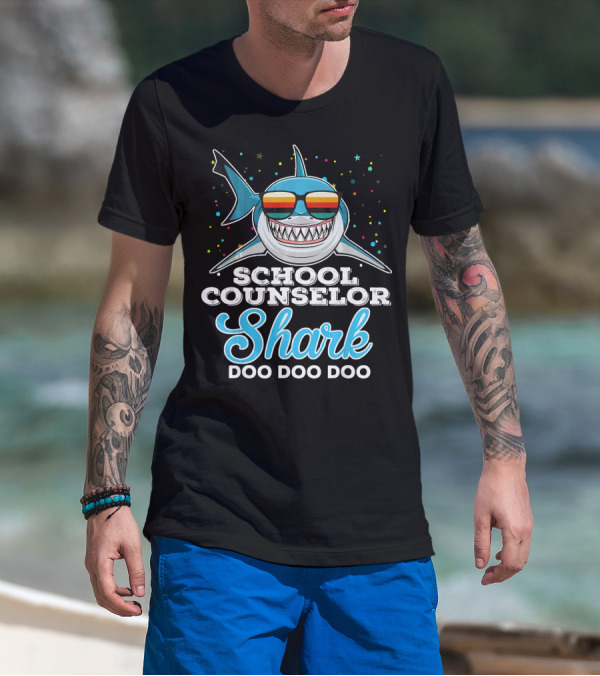School Counselor Shark Doo Doo Doo Rainbow Sunglasses Fun T-Shirt