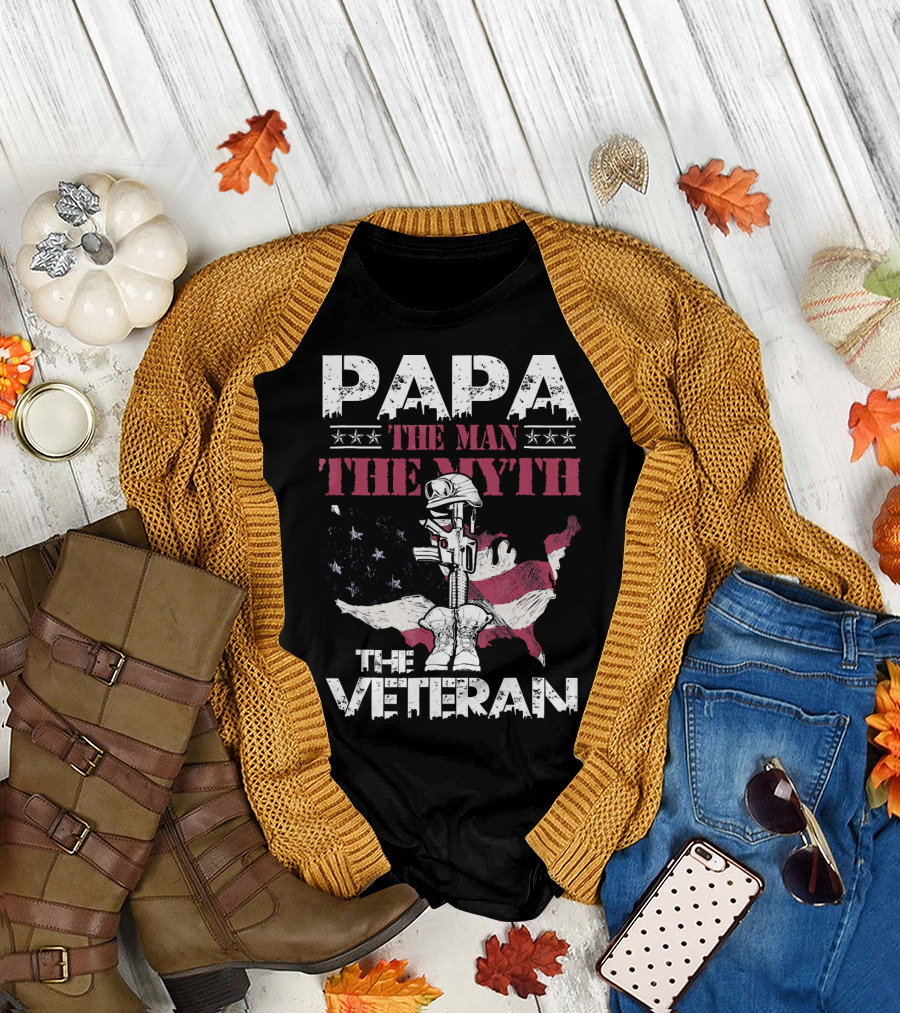 PAPA The Man The Myth The Veteran American Flag Map T-Shirt
