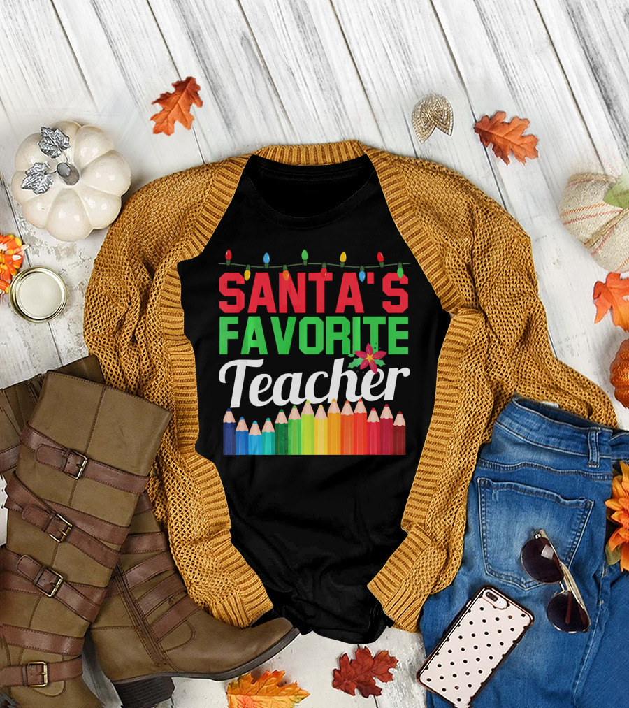 Santa's Favorite Teacher Christmas Lights Pencil Rainbow T-Shirt