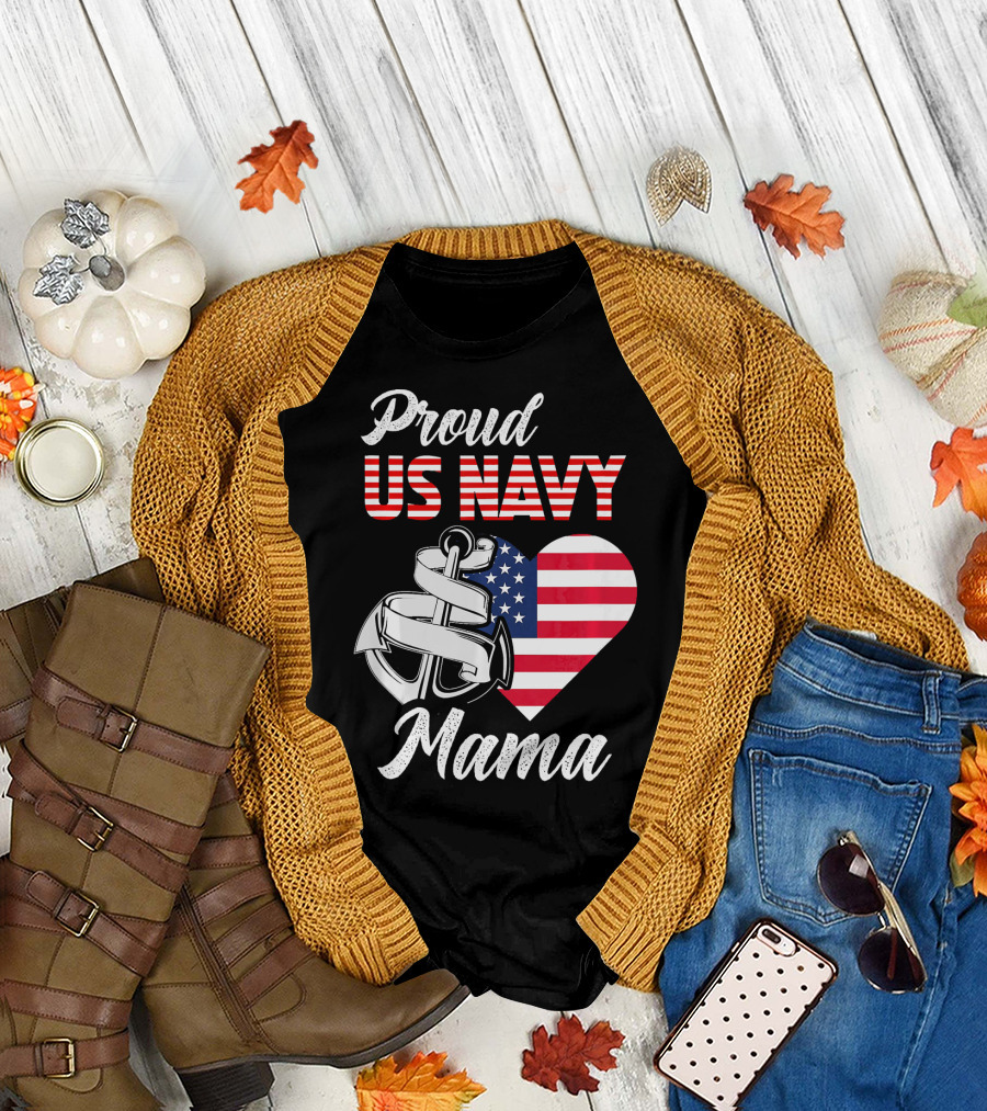 Proud US Navy Mama Anchor American Flag Heart T-Shirt