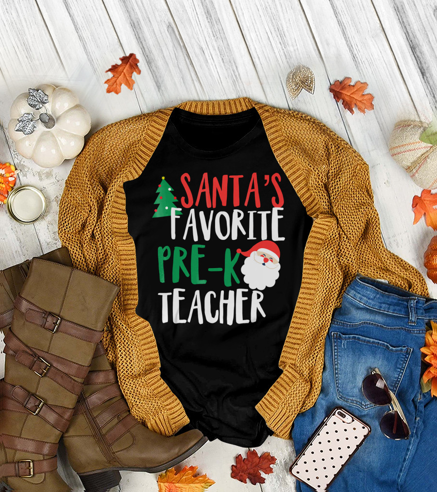 Santa's Favorite Pre K Teacher Christmas Santa Claus Fun T-Shirt