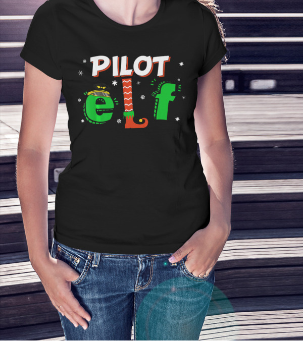 Pilot Elf Christmas Matching Group Festive Holiday Snowflakes T-Shirt