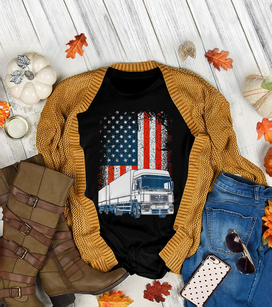 Festive Trucker Celebration with American Flag Background T-Shirt
