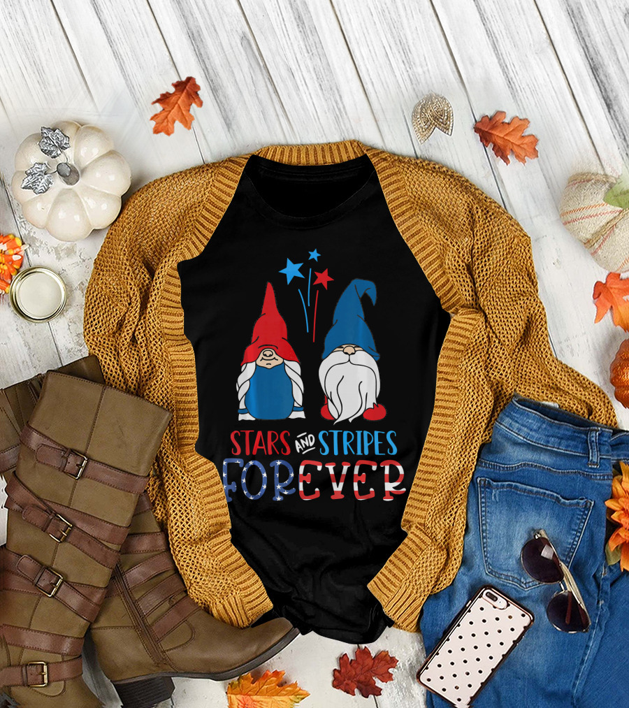 Stars and Stripes Forever American Gnomes with Fireworks T-Shirt