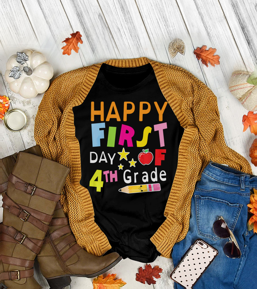Happy First Day of 4th Grade with Stars and Smiling Pencil T-Shirt