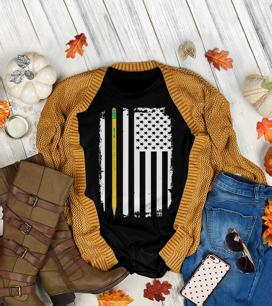 Graphite Pencil Line USA Flag Teacher T-Shirt