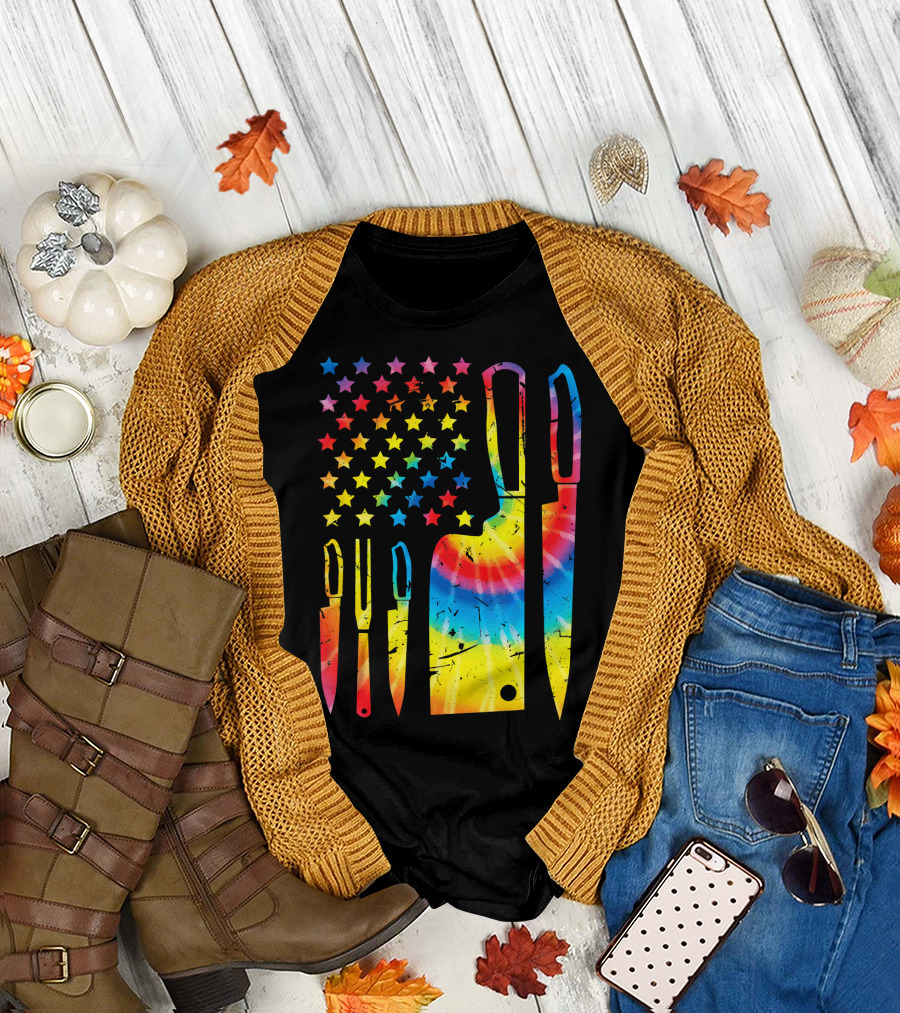 Tie Dye Chef Knife Set American Flag Stars T-Shirt