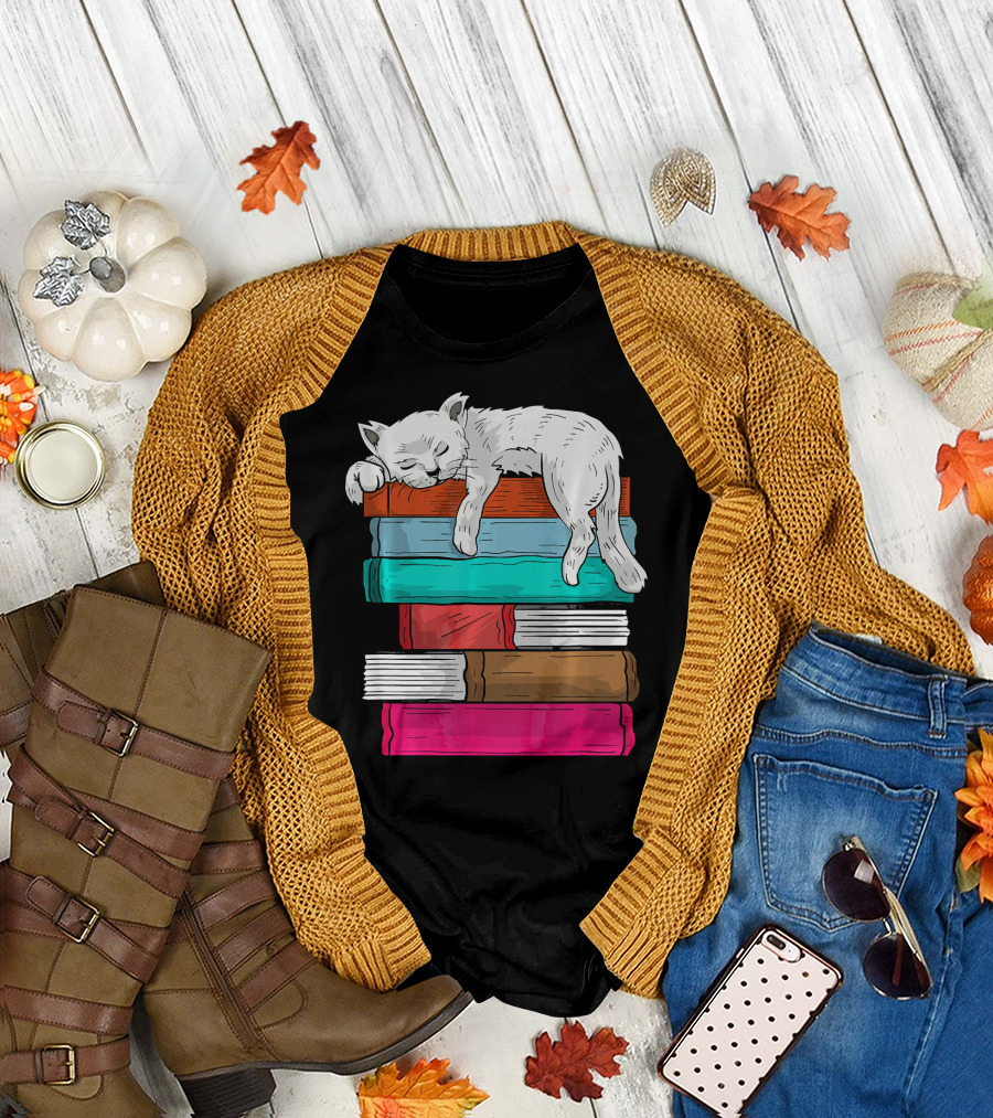 Cat Teacher Librarian Bookworm Sleeping on Colorful Stack of Books T-Shirt