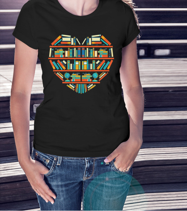 Book Lover Heart Reading Librarian Bookshelf T-Shirt